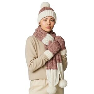Chunky Knit Scarf Hat Mitten Set Pink White Pom Pom‎ Cozy Winter Warm
